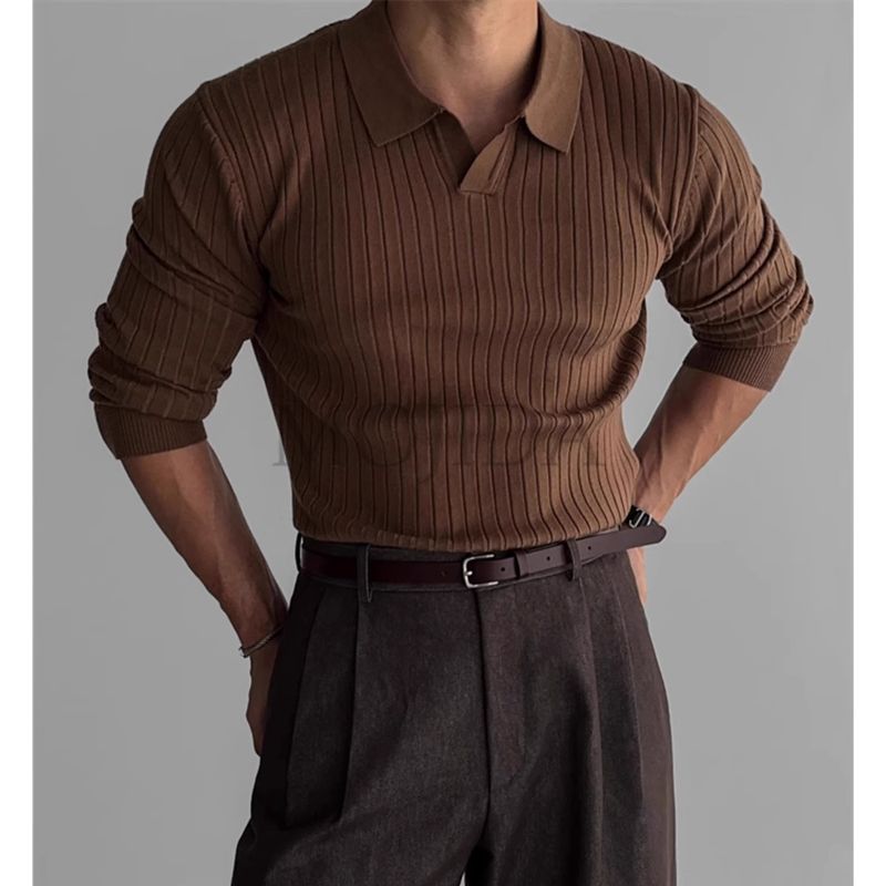 Frühling und Herbst Neues Poloshirt Umlegekragen Langarm Strickpullover Herren Leicht Reife Slim Fit Business Trend_voghion.com