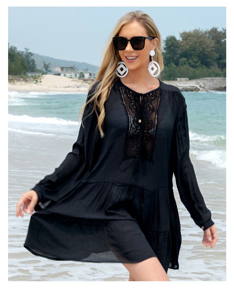 Robe d'été noire à manches longues pour femme, ample et confortable, idéale pour la plage, la protection solaire et le maillot de bain_voghion.com