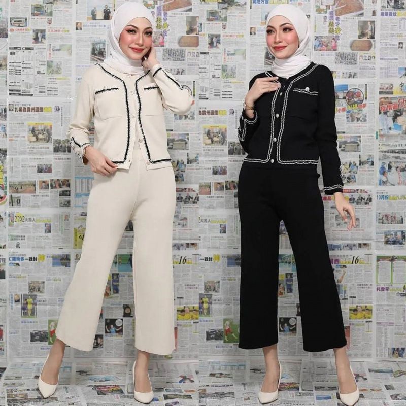 Completo due pezzi con top in maglia patchwork con tasche e pantaloni larghi casual corti per donna musulmana_voghion.com