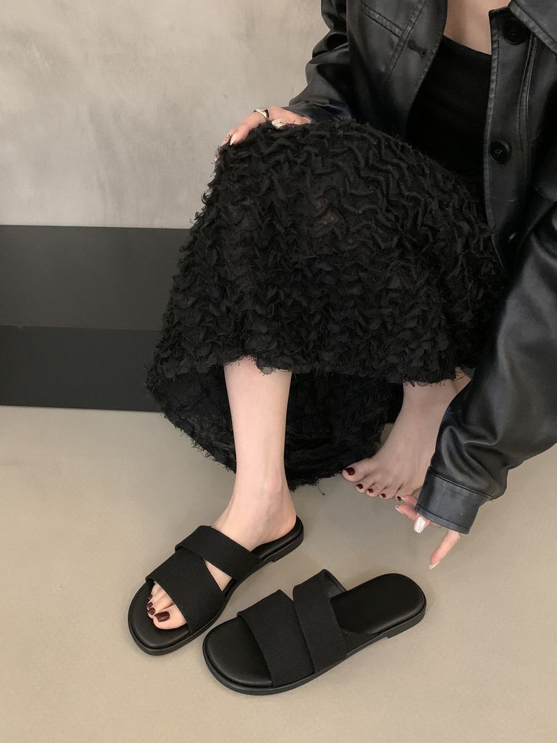 Niche Design Linen Square Head Open Toe Flat Slippers For Women Summer Wear Fairy Style Seaside Vacation Beach Sandals_voghion.com