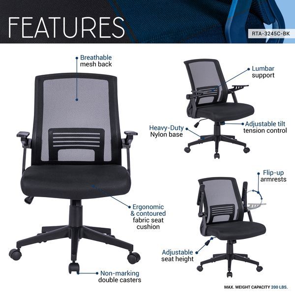 Techni Mobili Ergonomic Office Mesh Chair, Black_voghion.com