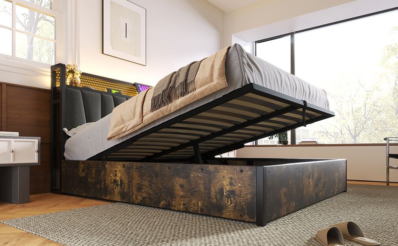 Cadre de lit en métal Polsterbett avec éclairage LED et application de contrôle pour lit double 140 x 200 cm, tête de lit et matelas à chargement USB inclus_voghion.com