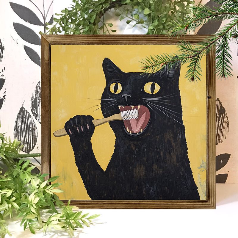 Encantador cuadro de gato negro de 20 x 20 cm con marco de madera, estilo rústico de granja. Gato negro cepillándose los dientes. Idea única de regalo navideño para el hogar, la cafetería y el baño._voghion.com
