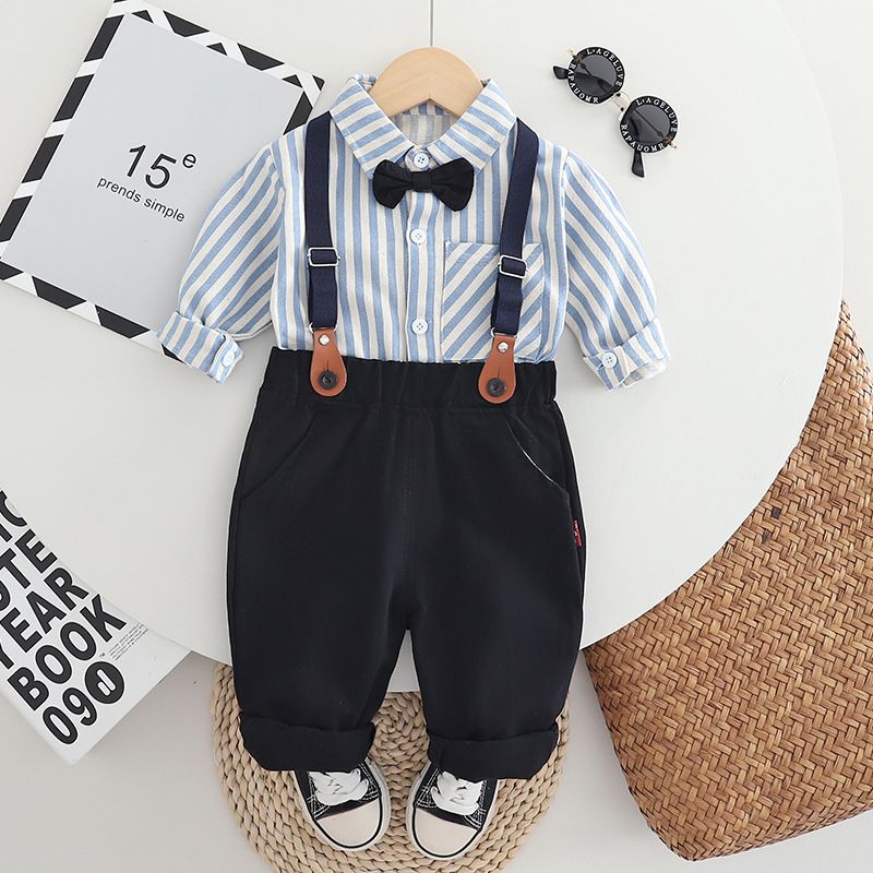 Bellissimo set primaverile per bambini, vestito da spettacolo con camicia a righe verticali e spalline, per bambini di età compresa tra 1 e 2 anni_voghion.com