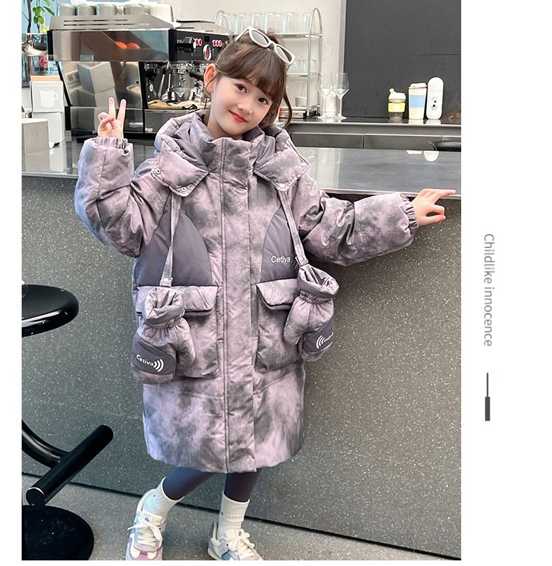 "Kids' Winter Hooded Down Jacket – Tie-Dye Style With Matching Gloves, Medium & Large Sizes (120-170cm), Warm & Stylish"_voghion.com