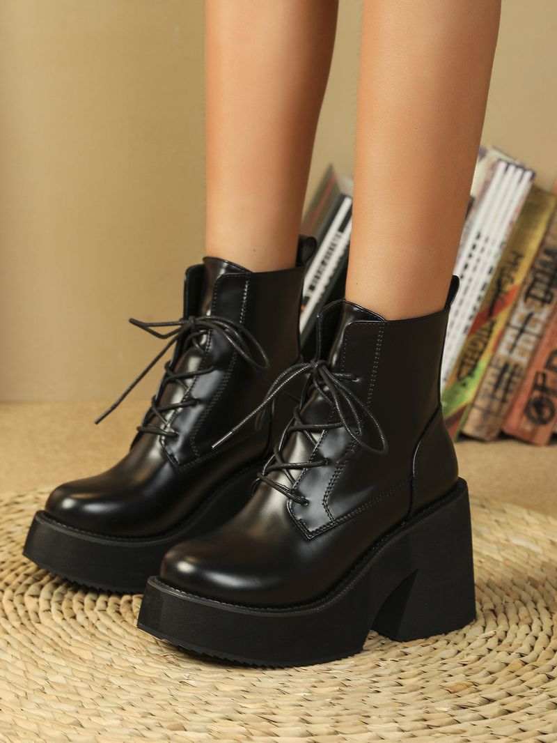 New Martin with Slope Heel, Thick Comfortable and Versatile, Strap up, Sponge Cake Bottom, Black Women's Short Boots_voghion.com