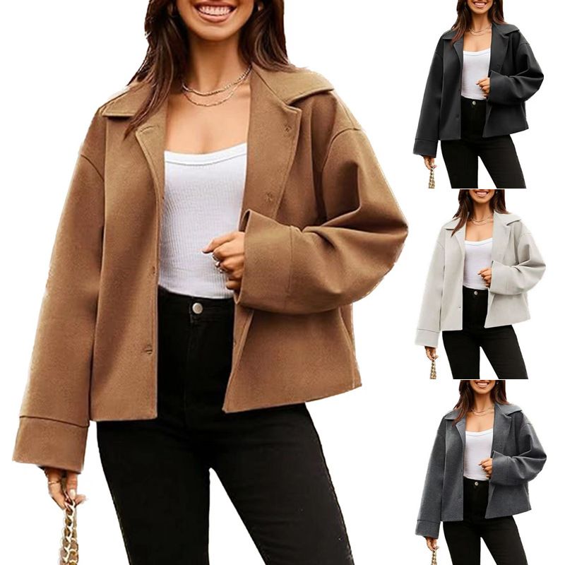 Blazer de bureau décontracté à manches courtes et boutonné pour femme - Coupe ajustée - Mélange de polyester et d'élasthanne extensible - Noir, blanc, gris, olive, camel_voghion.com