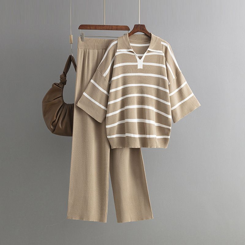 Women's Clothing contrast striped fashion suit new casual loose knitted wide leg pants two piece suit_voghion.com