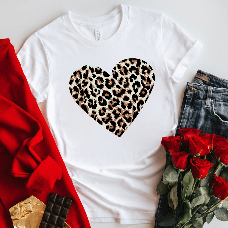 Valentine's Day short-sleeved large size couple T-shirts women's tops leopard print love print tops t-shirts for women_voghion.com