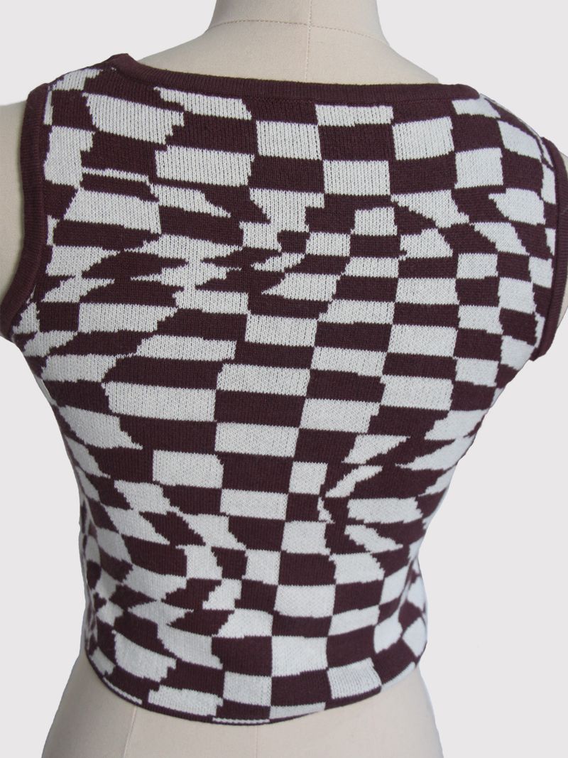Îmbrăcăminte pentru femei pulover subțire fără mâneci în culori contrastante vestă slim tricotată în carouri_voghion.com