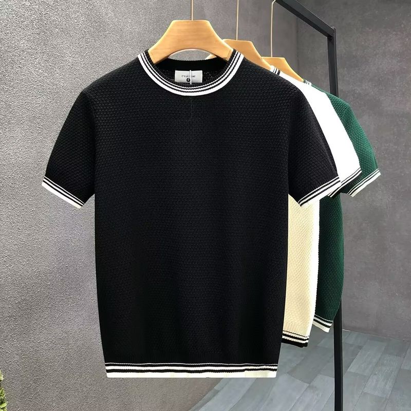 Colorblock gestreepte trui met korte mouwen voor heren, zomerse ijszijde, Britse business slim fit binnenshirt_voghion.com
