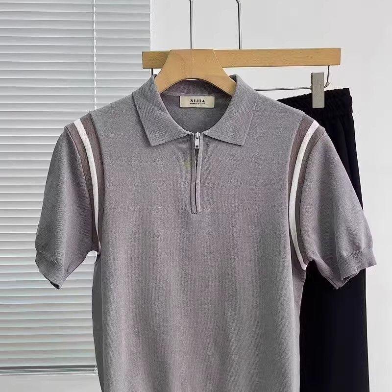 Men's Clothing Half zip Polo Shirt Knitted Short sleeved T shirt Men's Summer New Fashion Contrast Color Splicing Half sleeved Top_voghion.com