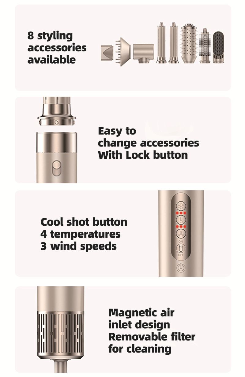 Rucha 8-in-1 High-Speed Brushless Hot Air Styler & Hair Dryer With Negative Ions, Ceramic Tourmaline Heating,_voghion.com