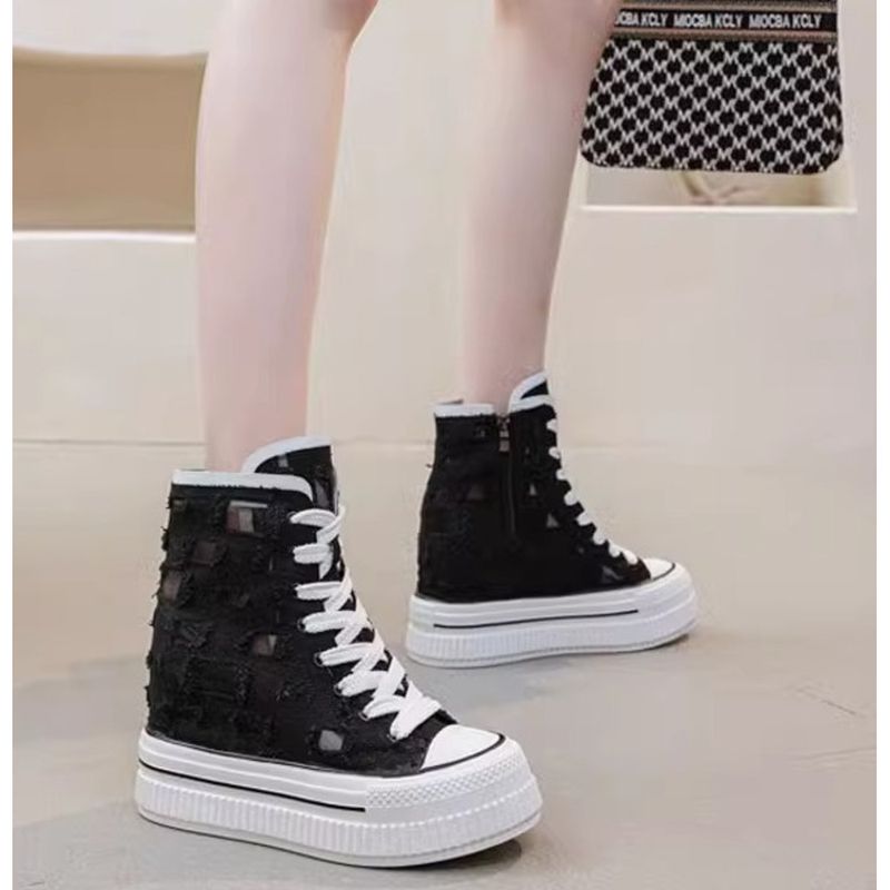 Fashion Leather Soft Bottom Thick Bottom Heightening Canvas Shoes Women's 2025 Spring And Summer New Season Mesh Breathable Hole Shoes_voghion.com