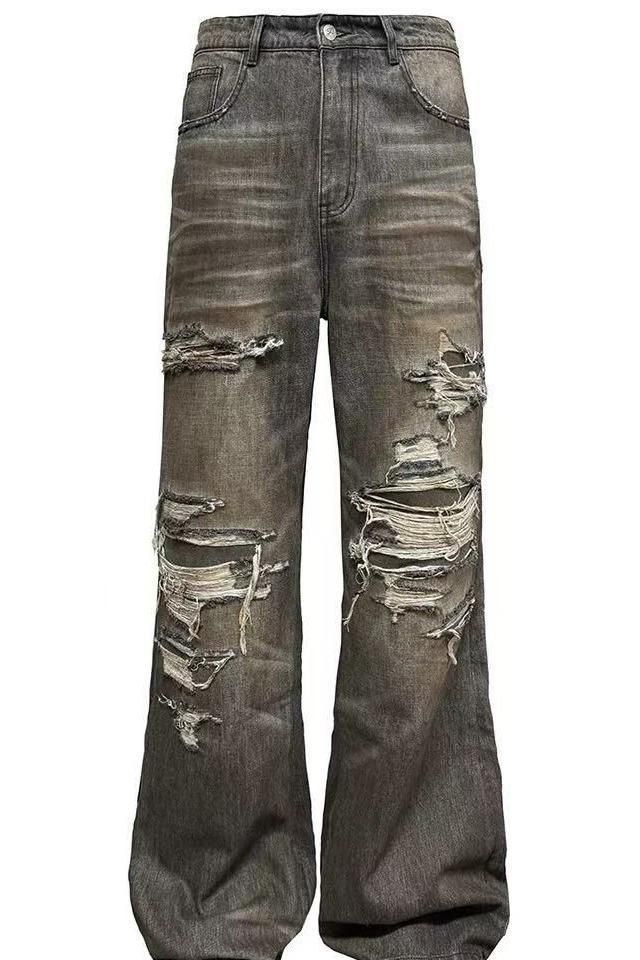 Men's Clothing Loose Heavy Duty Distressed Jeans Stains Knife Cut Damaged Water Washing_voghion.com