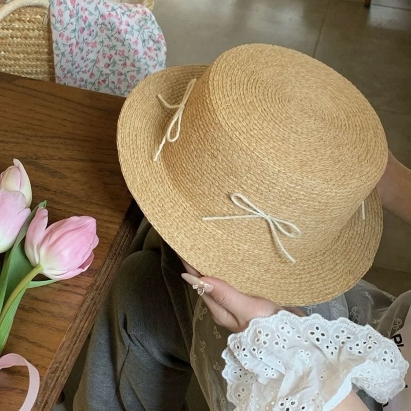 Cappello di paglia con fiocco per bambini, primavera ed estate, per viaggi e vacanze, con protezione solare, per il mare e il sole._voghion.com