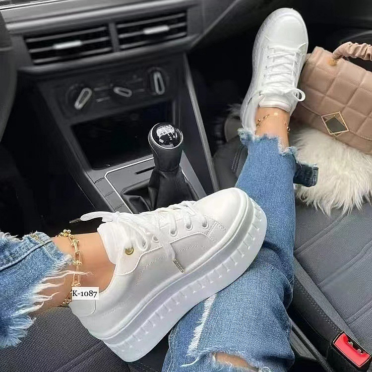 Moda nowych kobiet obuwie sznurowane skórzane buty w stylu casual gruby obcas płaskie wulkanizowane tenisówki Zapatillas Mujer A0087_voghion.com