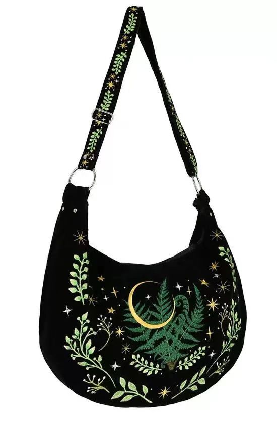 Borsa a tracolla grande in velluto con ricamo di piante di strega in stile gotico scuro, da ascella, con tracolla_voghion.com