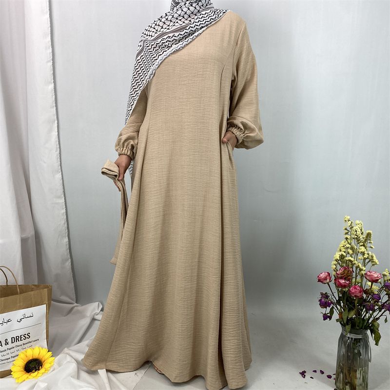 Elegantes muslimisches Abaya-Kleid – schlichtes, lockeres, langes Kleid (atmungsaktives Gewebe – perfekt für den Dubai-/Türkei-Stil)_voghion.com