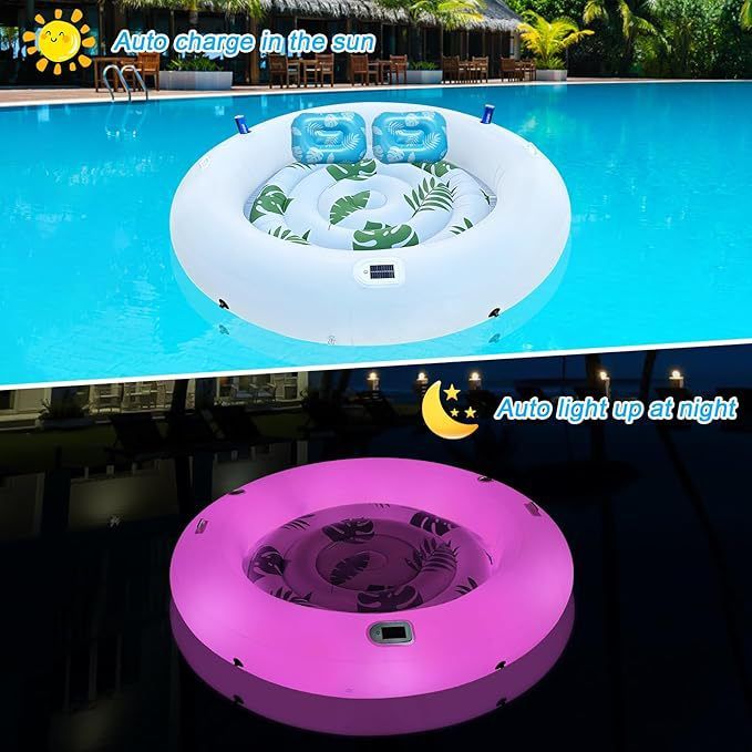 Inflatable Double Floating Bed Solar Light Luminous Tanning Pool Round Adult Lounge Chair LED Light Floating Row_voghion.com