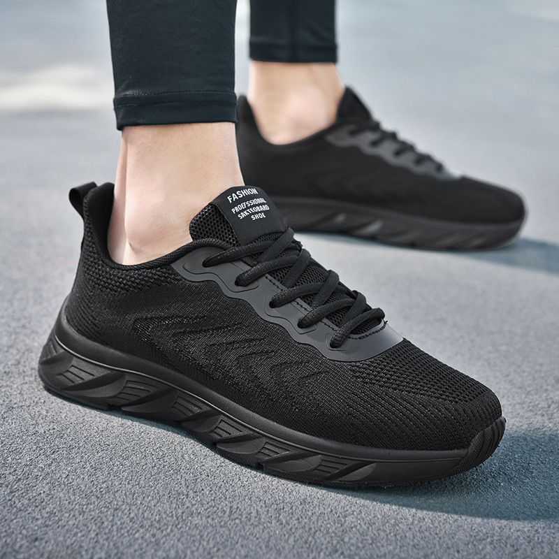 Spring Summer Breathable Running Sports Casual Wear-Resistant Non-Slip Work All Black Mesh Shoes Men Size 45_voghion.com