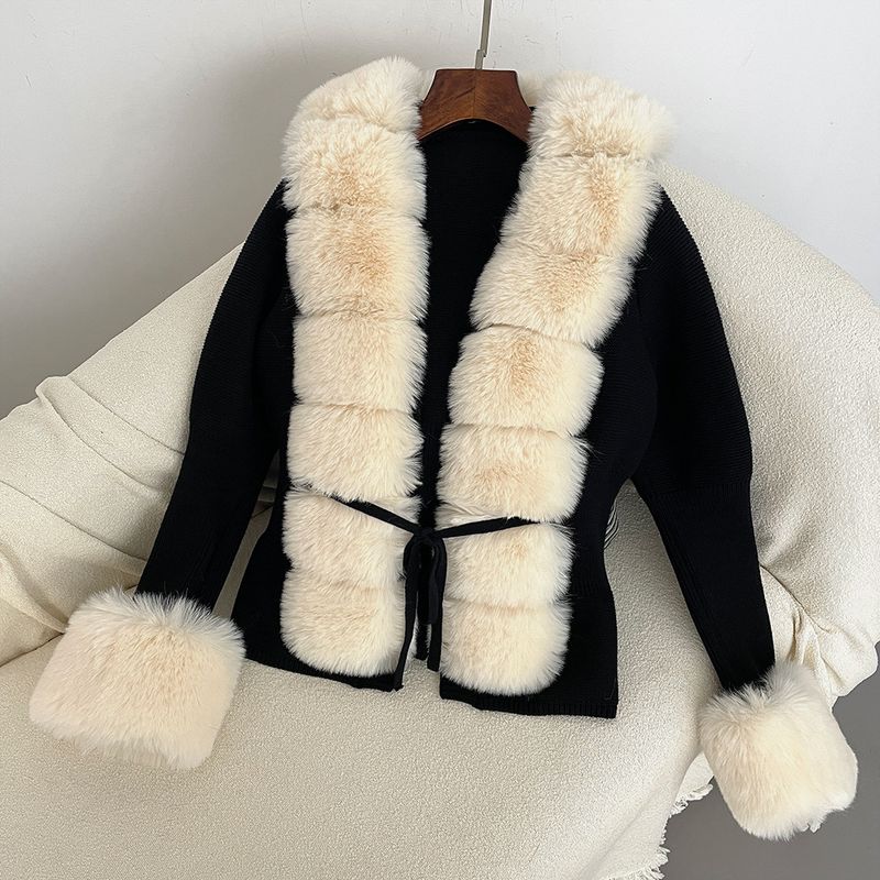 Damenbekleidung Herbst und Winter Strickpullover Pelz Knopfleiste Manschetten Abnehmbarer Strickpullover_voghion.com