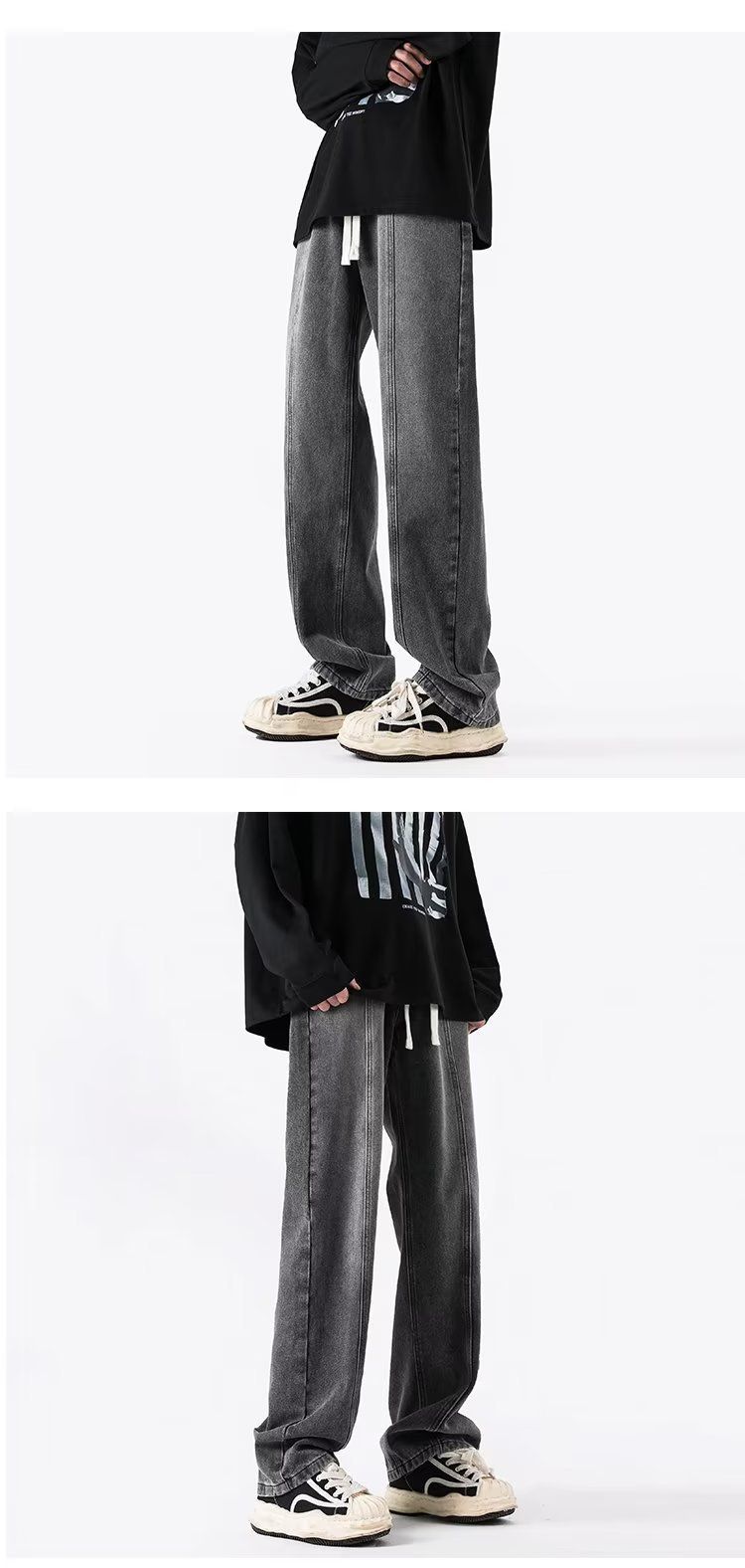 Washed Denim Jeans Men's Spring American High Street Oversized Trendy Brand Loose Straight Leg Pants_voghion.com