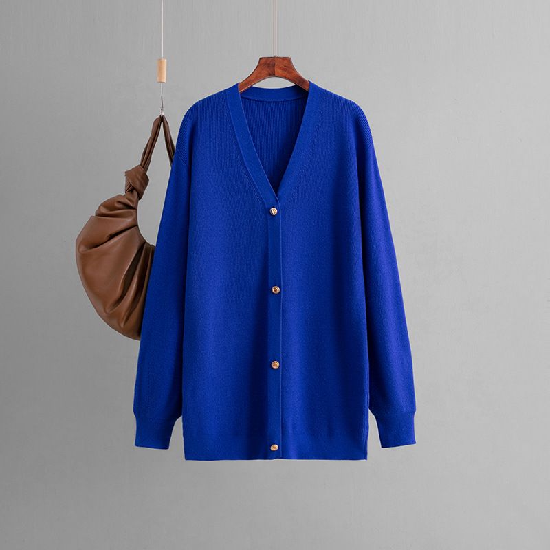 Cardigan tricoté à col en V pour femme, couleur unie, ample, mi-long, automne-hiver_voghion.com