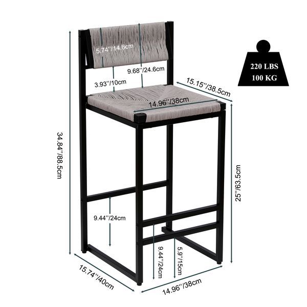 Gray Set Of 2 Hand Weave Bar Stools With Back Counter Height Bar Chairs Paper Rope Woven Dining Stool For Kitchen, Home & Office (Gray)_voghion.com