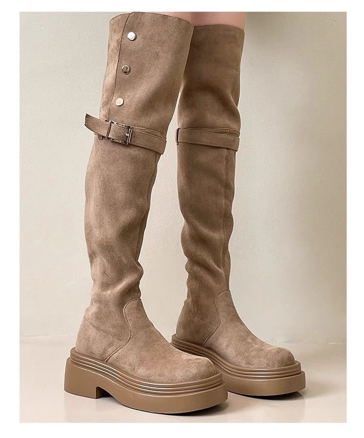 Stivali da equitazione lunghi sopra il ginocchio, alla moda, con tacco grosso, suola spessa e pieghe a due vie, stile western, autunno inverno_voghion.com