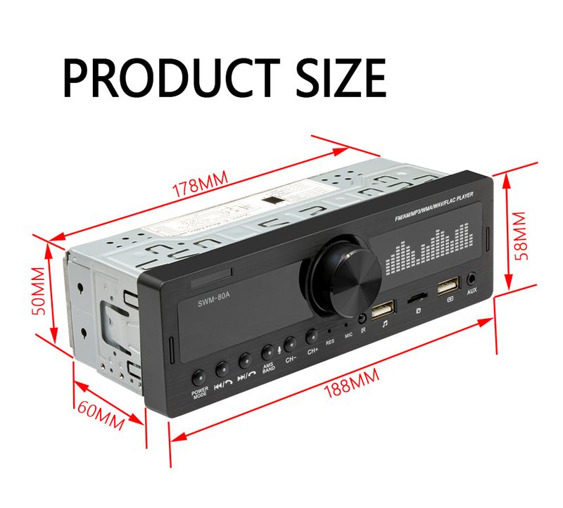 SWM-80A „Bluetooth“ autoradio automobilio stereofoninis radijas su FM Aux įvestimi, imtuvu, SD, USB, 12 V, montuojamas prietaisų skydelyje, 1 DIN automobilinis MP3 multimedijos grotuvas_voghion.com