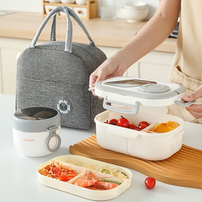 3 Pieces/set Portable Large Capacity Lunch Bag+lunch Box+breakfast Cup, Large Capacity Student Lunch Box, Foldable Aluminum Foil Handbag_voghion.com