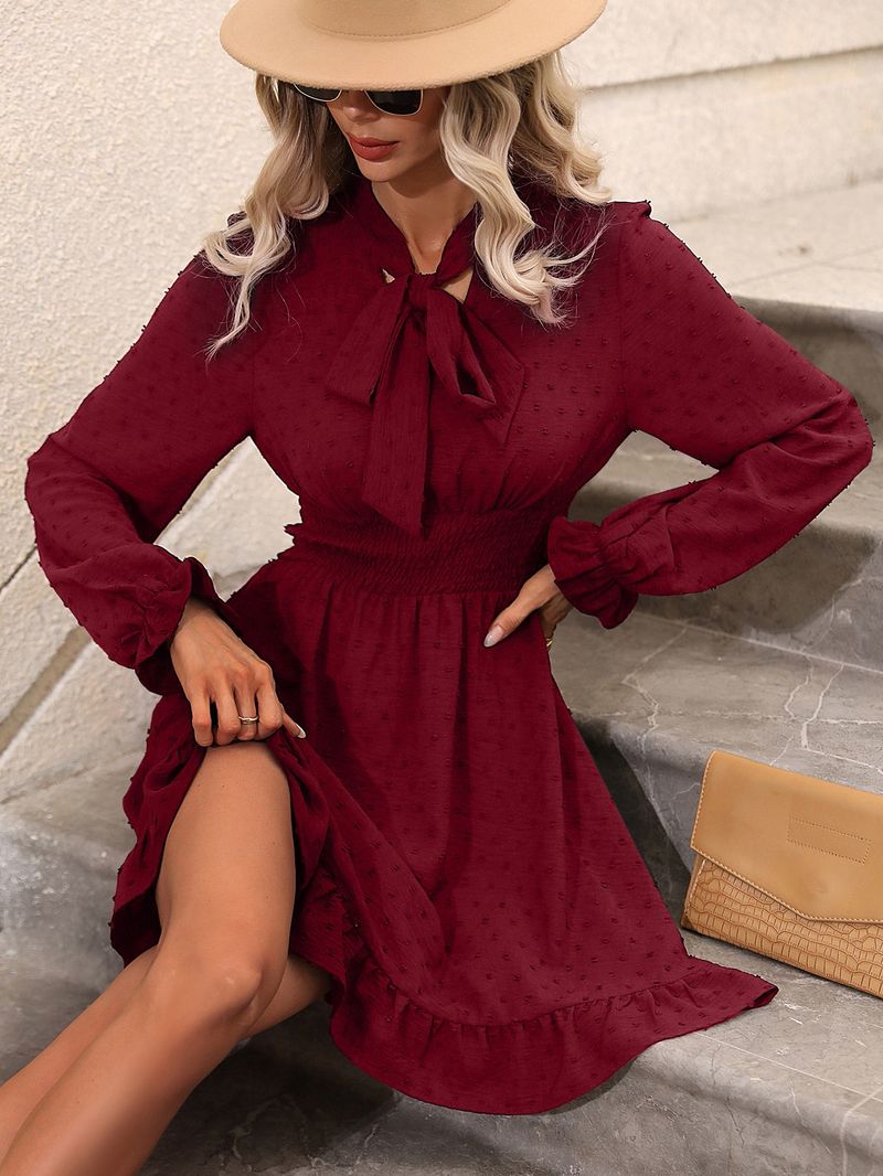 2024 Spring/Summer Women's Waist Wrapped Solid Color Tie Long Sleeved Dress_voghion.com