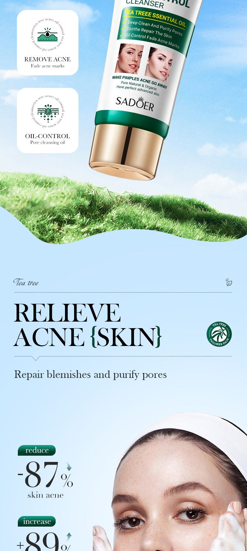 Kit per la cura della pelle SADOER Tea Tree Acne and Oil Control da sei pezzi, detergente detergente delicato per la rimozione dell'acne e detergente viso per studenti_voghion.com