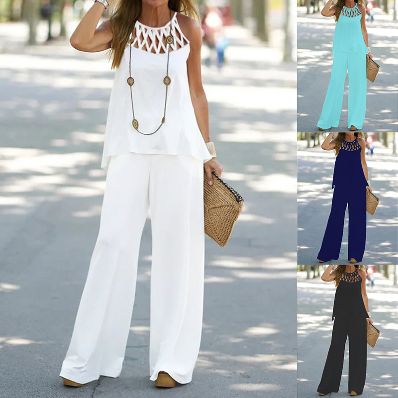 Women's casual fashion casual solid color mesh round neck sleeveless trousers two-piece set_voghion.com