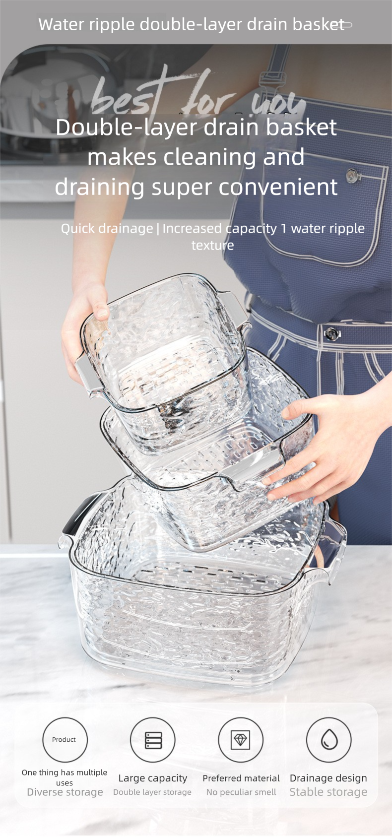 Doppellagiger Küchen-Gemüse-Reis-Obst-Aufbewahrungskorb aus Kunststoff mit Abtropf- und Waschfunktion_voghion.com