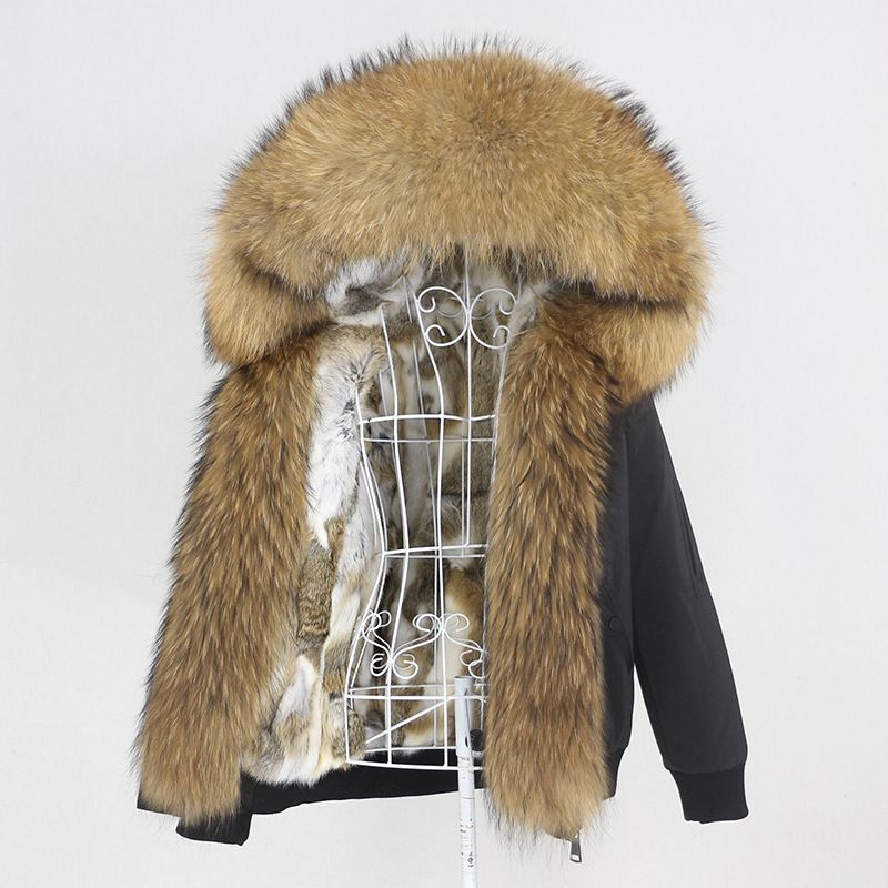 Damenbekleidung Parka im neuen Stil mit dickem Kaninchenfellfutter, abnehmbarem Kragen aus echtem Fuchspelz, Jacke, Pelzmantel für Damen_voghion.com
