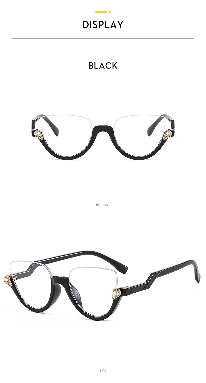 Cat's Eye Hanging Silk, New Anti-blue Glasses Frame, Half Frame with Diamonds, Retro Flat Glasses, Glasses Frame._voghion.com