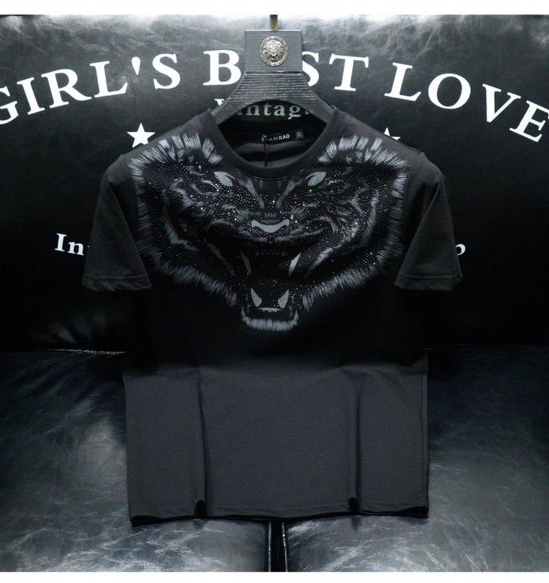 Heavy Craft Tiger Head Hot Diamond Printed Short sleeved T-shirt for Summer Casual Round Neck Men's_voghion.com