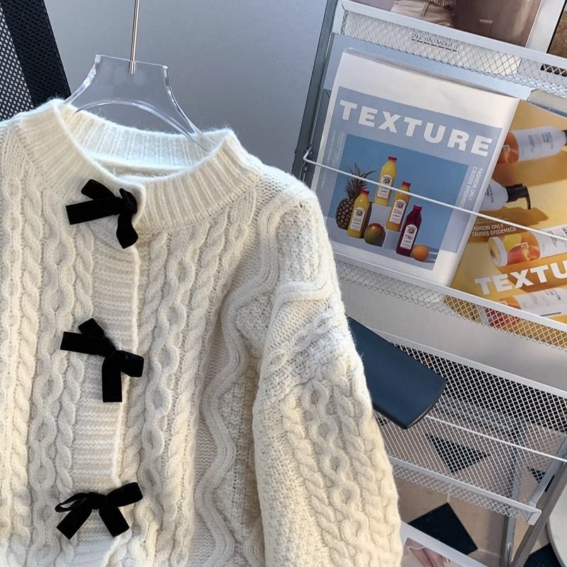 Oversized Cardigan Sweet Bow Tie Wool Sweater Women Autumn New Loose Twist Knit Cardigan Retro Fashion Solid Knitwear Coat_voghion.com