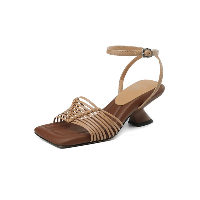 ~Diseño de nicho francés, punta cuadrada tejida expuesta, tira recta, tacón grueso, tacones altos, sandalias romanas, verano para mujer_voghion.com