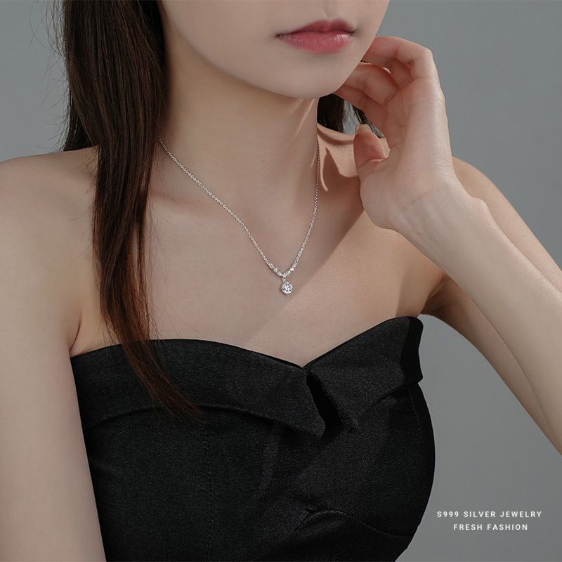 Collana di zirconi di lusso, luce brillante, per donna, S999, pura nicchia, elegante, versatile, di alta qualità, con catena per clavicola in argento pieno._voghion.com