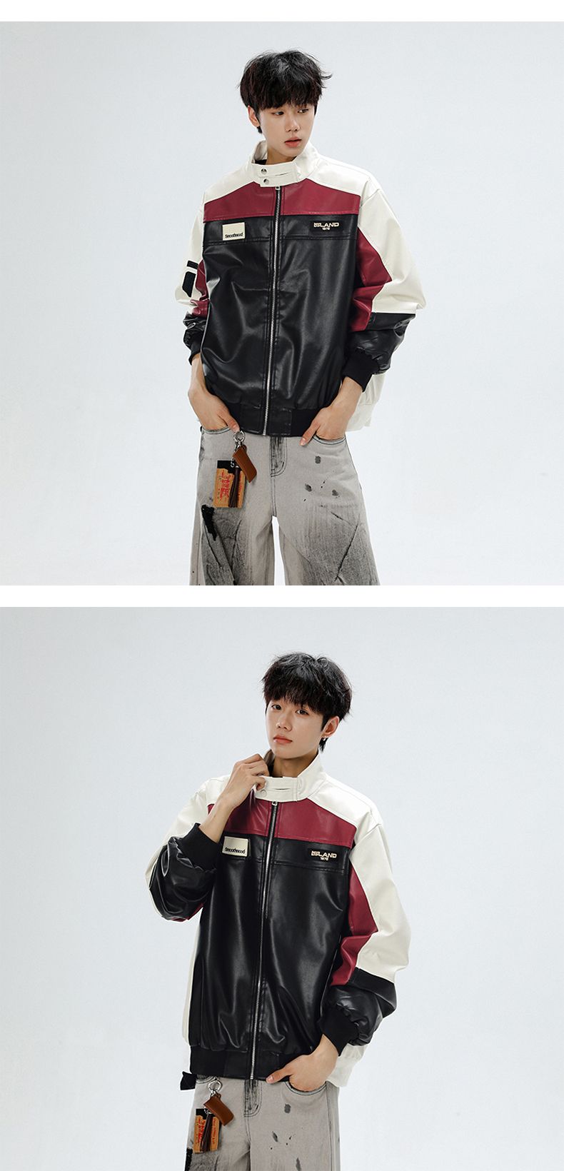 Combinaison de moto américaine en cuir PU pour homme, style automne, patchwork, col montant, style aviateur_voghion.com