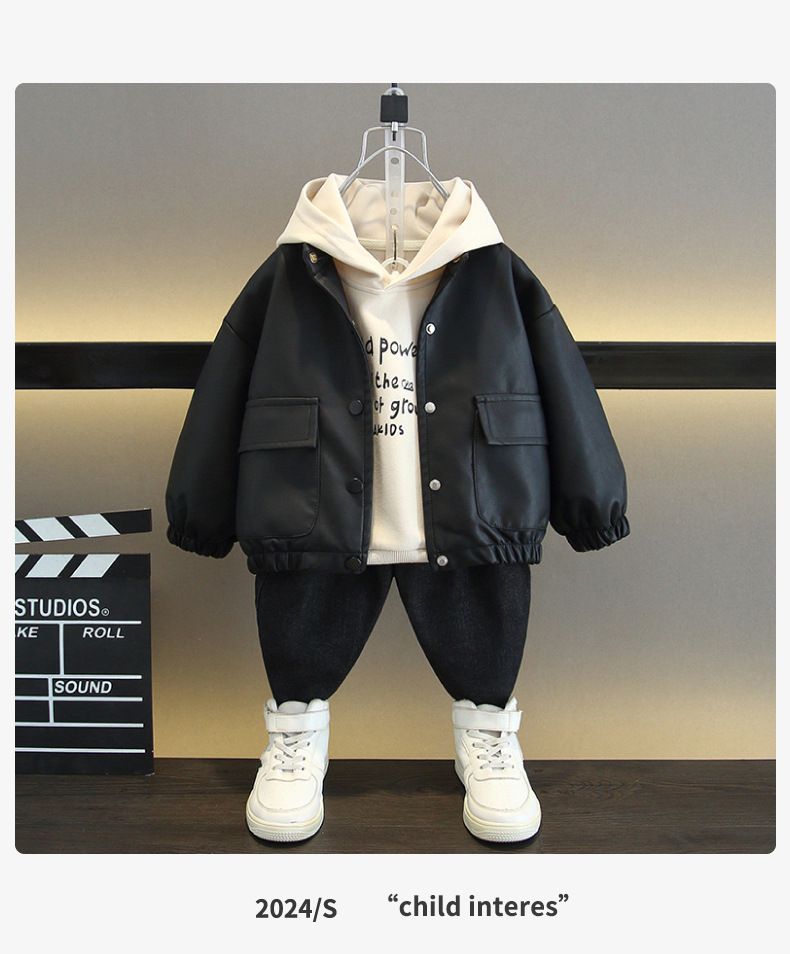 Giacca in pelle 2025 Nuovi vestiti per bambini primavera autunno, freschi e belli, felpa in stile coreano per ragazzi, set da due pezzi_voghion.com