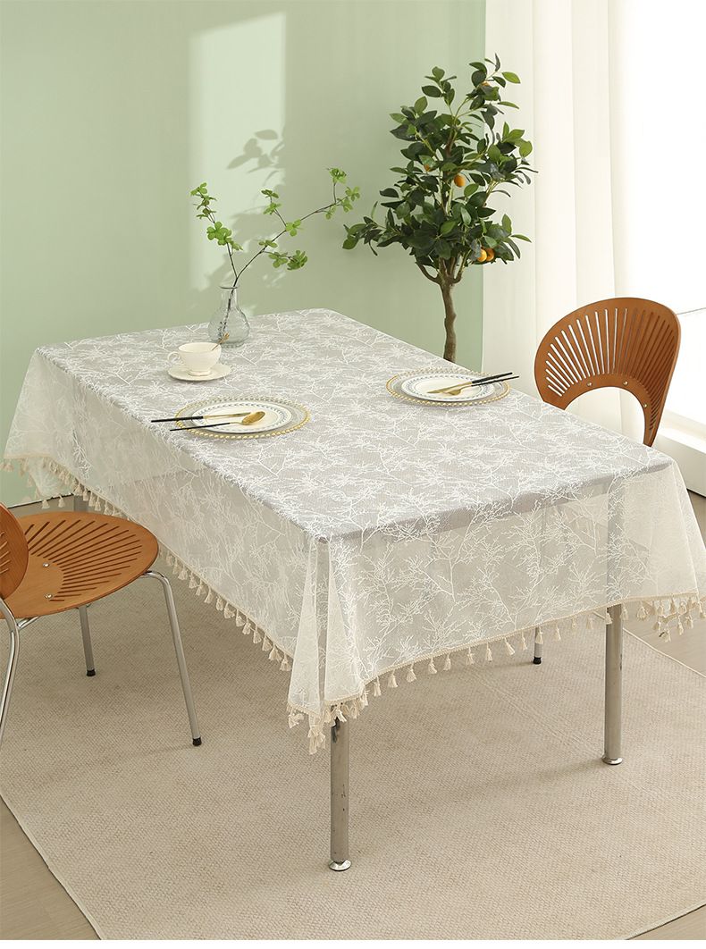 Spitzenbesetzte Tischdecke aus Polyester – Rechteckige Esstischdecke in Weiß (140 x 100 cm bis 260 cm, rutschfest, maschinenwaschbar)_voghion.com