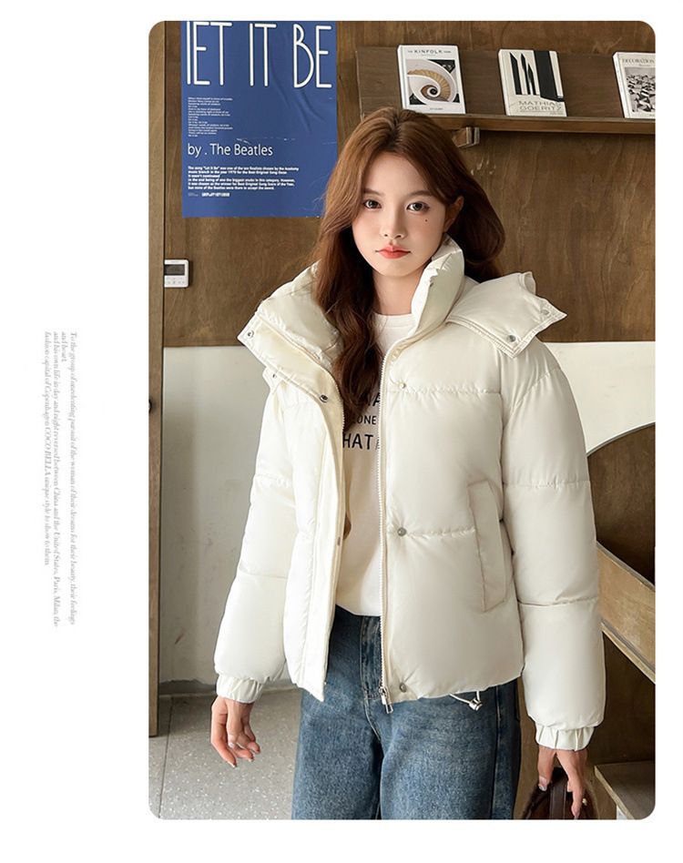 Jaqueta acolchoada com capuz feminina de inverno, casaco curto acolchoado com estampa 3D, estilo elegante para o dia a dia, leve e quente para mulheres pequenas_voghion.com