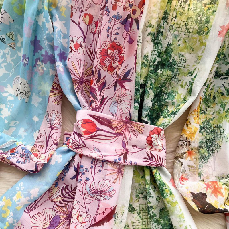 Women's Ins Lazy Holiday Style Loose Chiffon Printed Ruffled Pleated Dress With Large Hem_voghion.com