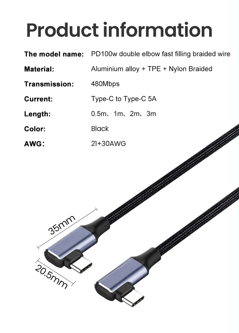 5A 100W PD Type C To USB C Cable for Book Pro Dual Bend QC4.0 Fast Charging Data Cord for Samsung Huawei Charg_voghion.com