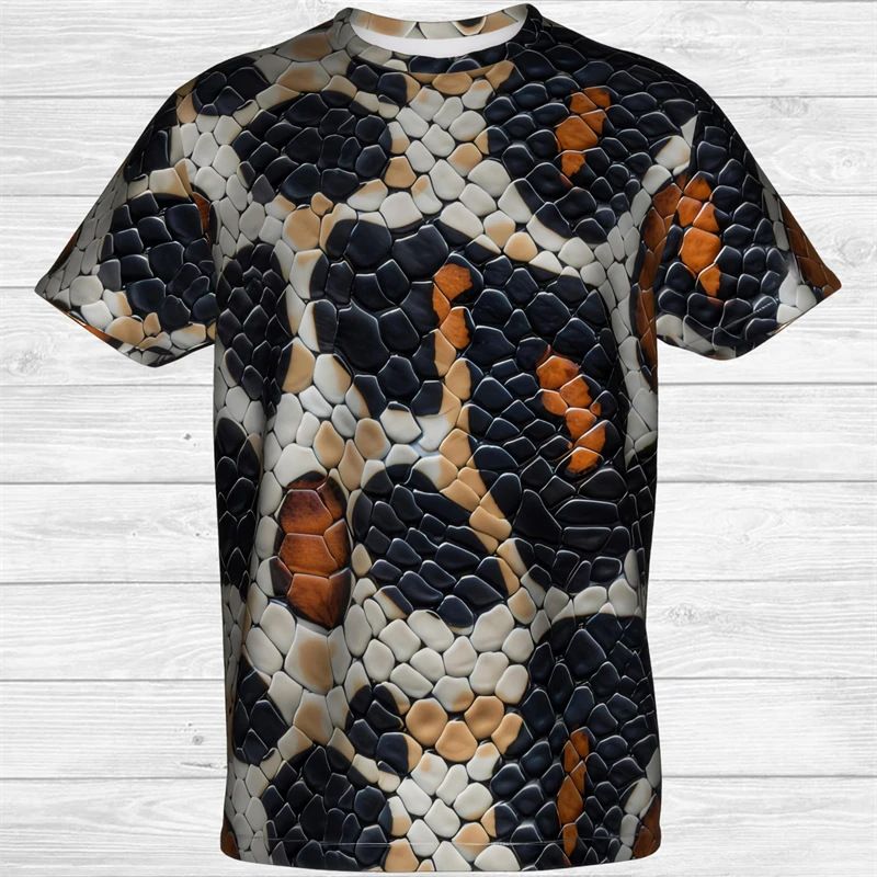 Animal Scale Horror Print Round Neck T-Shirt Short Sleeve Personality Street Snake Skin Role-Playing Costume Top_voghion.com