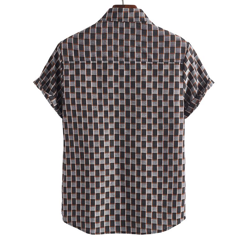 Vīriešu vasaras īsroku ikdienas biznesa rūtainais krekls no dzijas krāsota auduma_voghion.com